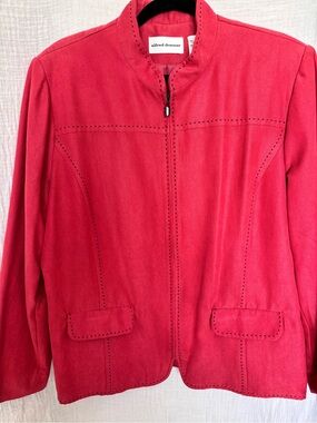 Alfred Dunner Magenta Suede Zip-Front Jacket with Black Stitching Mock Pockets